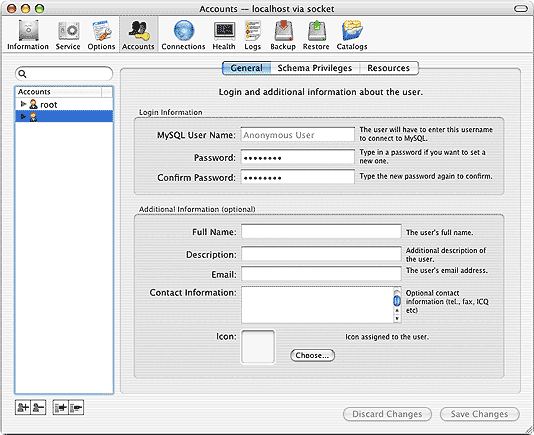 MySQL Administrator Accounts Screen