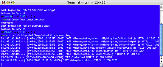 The Mac OS X terminal window using the tail command on my Apache 2 log file.